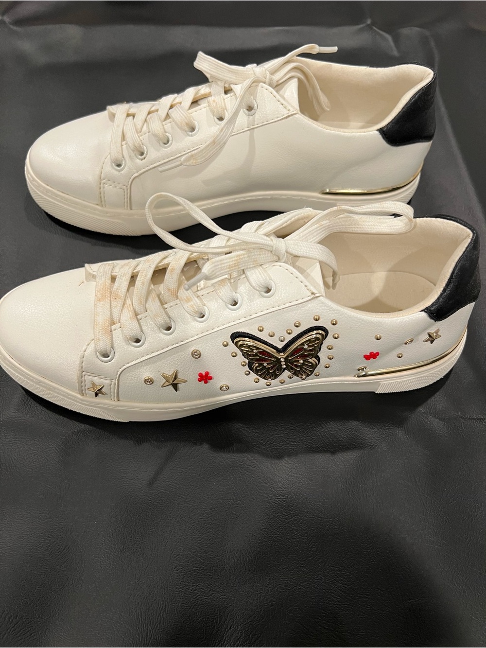 Aldo White Lace-Up Sneakers with Butterfly & Stud Accents